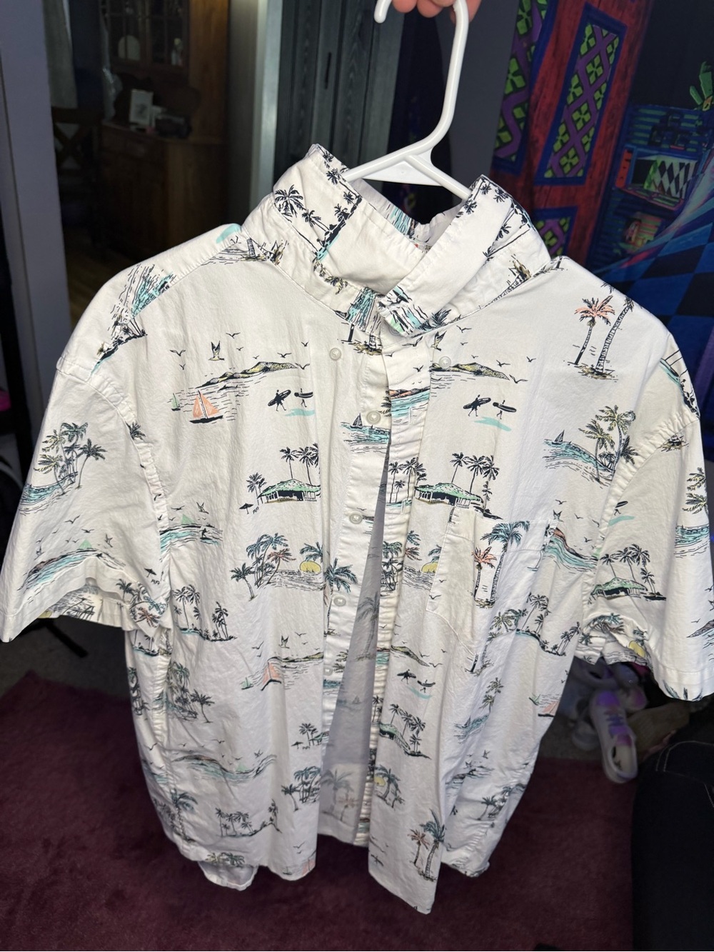 No Boundaries White Tropical Print Short Sleeve Button-Up Polo